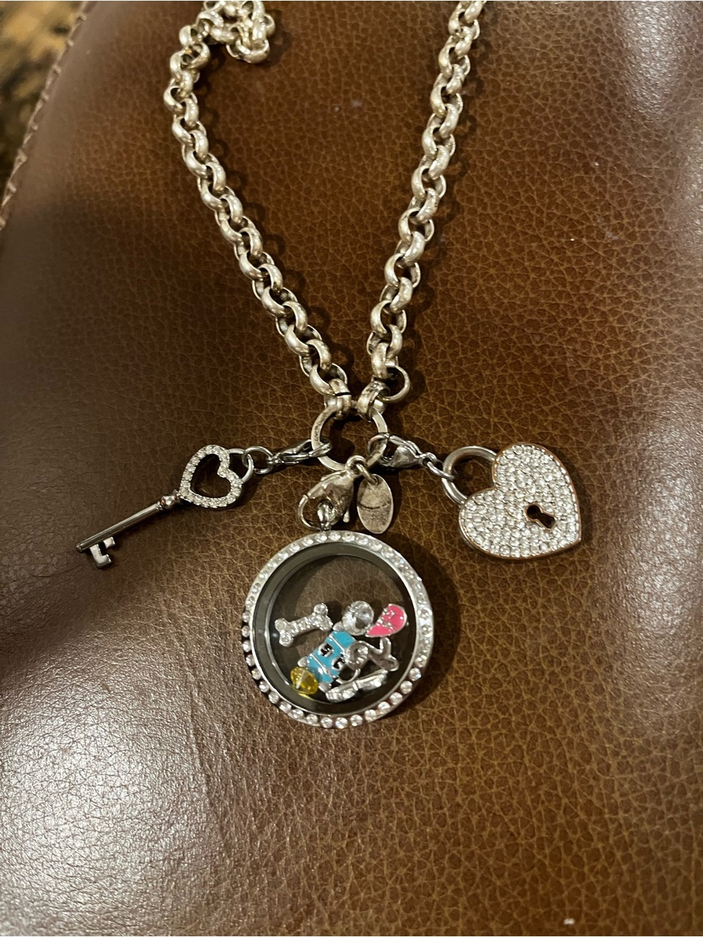 Origami Owl Silver Floating Charm Necklace with Heart & Key Accents